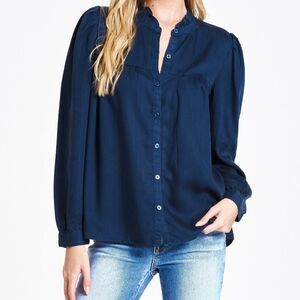NWT Dear John Top Kylie Long Sleeve  Blue Opal Button Up High Neck Babydoll sz M